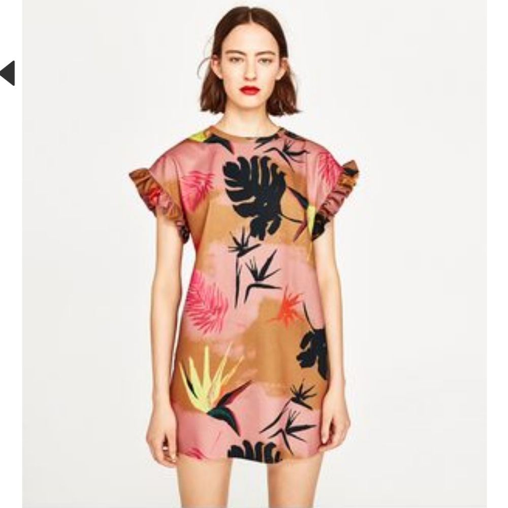 ZARA TROPICAL/BIRDS OF PARADISE PRIBT RUFFLE CAP SLEEVE MINI DRESS SIZE SMALL